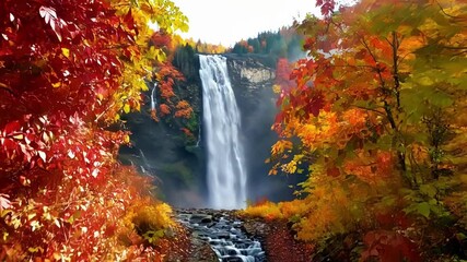 Sticker - Vibrant autumn leaves painting the forest in hues of red orange and yellow leading the way to a stunning waterfall.