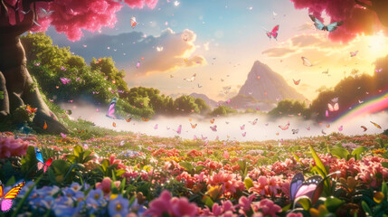 Poster - Dream-like kitsch candy-colored landscape with swarm of flying tropical butterflies