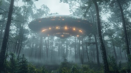 An alien spacecraft hovering above a dense forest at dawn, its lights piercing through the trees and creating an eerie and mysterious atmosphere.