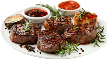 Wall Mural - Close-up of various grilled beef steaks on a plate, garnished with rosemary and pepper sauce, separated on a white background