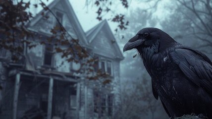 raven in front of haunted house