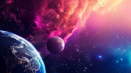 Wall Mural - earth, a distant planet, and a cosmic nebula in a starry sky
