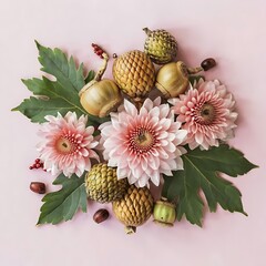 Wall Mural - Composition with chrysanthemums acorns and berries on pink background