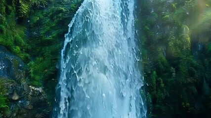 Poster - Using a slowmotion effect the camera captures the graceful motion of the waterfalls as they seem to dance down the rocky terrain.