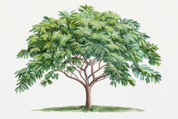 A neem tree depicted with intricate watercolor leaves isolate on white background