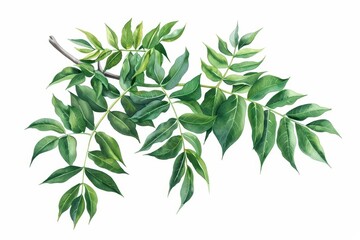 A neem tree depicted with intricate watercolor leaves isolate on white background