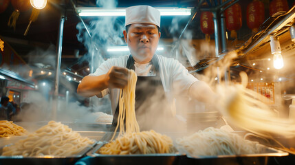 Wall Mural - Street food chef preparing noodles at night market. Generative AI.