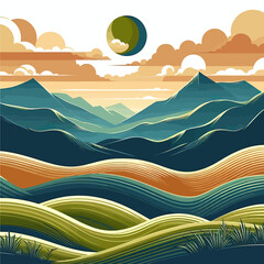 Wall Mural -  vector of landscape with rolling hill and trees  mountains and clouds