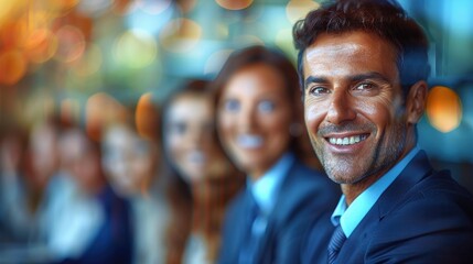 Sticker - Group of smiling business professionals in formal attire, diverse team in office setting with man in focus, conveying teamwork, success and positivity