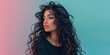 © shooreeq - 25 year old arab woman with gorgeous twisted curls, long hair coming down from shoulders, posing on pastel mono color solid background