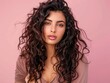 © shooreeq - 25 year old arab woman with gorgeous twisted curls, long hair coming down from shoulders, posing on pastel mono color solid background