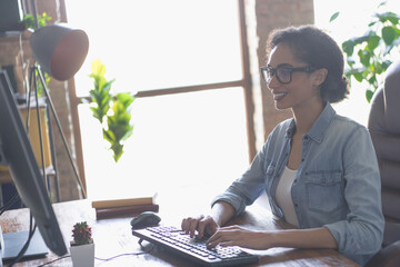 Sticker - Photo of young girl professional hacker write keyboard loft interior modern office indoors