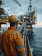 © shooreeq - A gas and oil offshore platform engineer in overalls looks at the platform in the background, cinematic