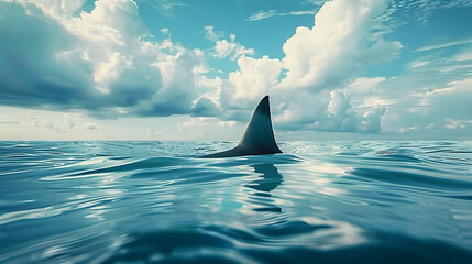 shark fin on surface of ocean agains blue cloudy sky