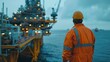 © shooreeq - A gas and oil offshore platform engineer wearing new clean coverall looking at the platform in the background