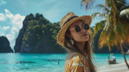 Beautiful female travel blogger poses on tropical island background, cinematic