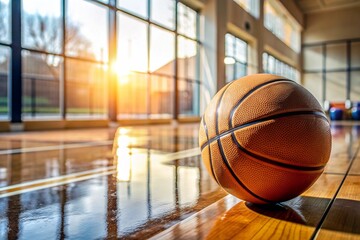 A basketball on the floor of a basketball court. The ball is in close-up.