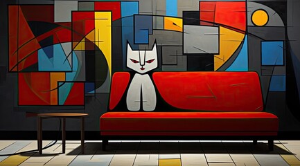 Wall Mural - Abstract Cat on Red Sofa with Geometric Wall Art.