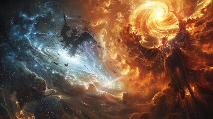 Wall Mural - A cosmic confrontation between celestial deities and infernal demons within a swirling cosmic storm of ethereal energy and cosmic debris.