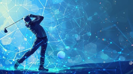 An abstract and visually captivating digital art piece showing a golfer in mid-swing, crafted with intricate blue lines and geometric patterns highlighting the sport's energy.