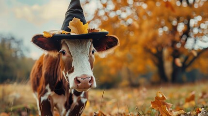 Wall Mural - A cute cow wearing a black witch hat stands in a field with autumn leaves in the background, capturing the beauty of the fall season and Halloween festivity.