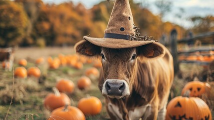 Wall Mural - A charming cow wearing a brown witch hat is surrounded by pumpkins in a scenic autumn field, capturing the essence of a whimsical and festive fall setting.