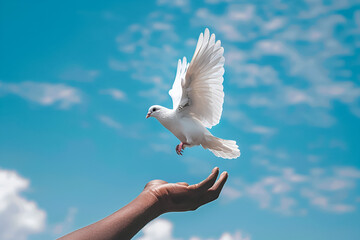 A hand releasing a white dove into the sky, symbolizing peace