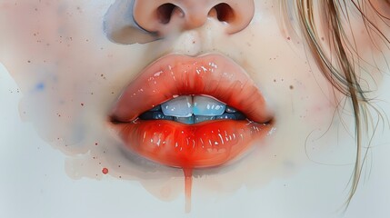 Sticker - a watercolor painting a Portrait Of Young Attractive Woman  Red Lipstick On Her Lips Close-up 