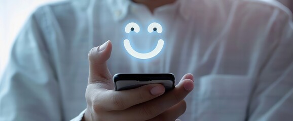Man using smartphone to write positive and good review, satisfaction level with smiley face icon on screen isolated on white background