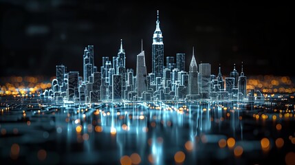 Poster - Digital Cityscape With Illuminated Skyscrapers At Night