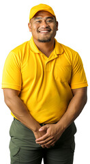 Wall Mural - Middle-aged Pacific Islander man in his 40s, wearing a yellow polo shirt and cap job uniform