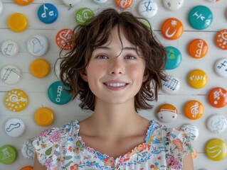smiling girl in front of a wall covered in colorful musical icons