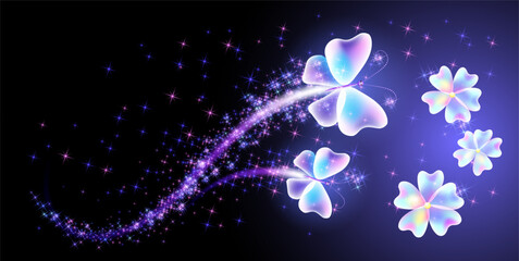 Wall Mural - Magic butterflies and flowers with fantasy sparkle and blazing trail and glowing stars on night background