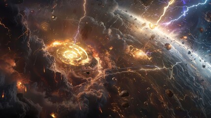 Canvas Print - A cosmic storm engulfing a battlefield, with lightning strikes and gravitational anomalies affecting the combatants' strategies.