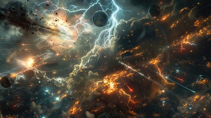 Wall Mural - a cosmic storm engulfing a battlefield, with lightning strikes and gravitational anomalies affecting
