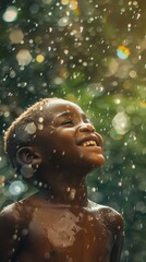 Wall Mural - A young boy is standing in the rain, smiling and enjoying the moment