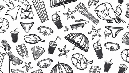 Wall Mural - Seamless monochrome pattern on theme of summer beach holidays. Background with umbrella, scuba gear, swimsuit and soda