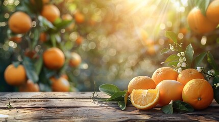 Wall Mural - Fresh citrus fruits on a table with orange garden and sunlight in the background