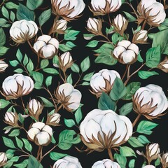 Seamless pattern with hand drawn watercolor cotton plant and green leaves on dark background. Cotton floral repeat backdrop.