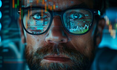 Stock Market Trader Working Investment Charts, Graphs, Ticker, Diagrams Projected on His Face and Reflecting in Glasses. Financial Analyst and Digital, Generative AI