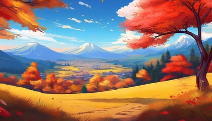 Wall Mural - a beautiful japanese landscape view in anime cartoonish artstyle. trees on hill with mountains and fields. autumn fall season. wallpaper background