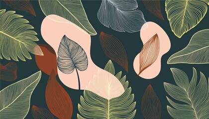 Abstract art nature background . Modern shape line art wallpaper. Boho foliage botanical tropical leaves and floral pattern design for summer sale banner , wall art, prints and fabrics.