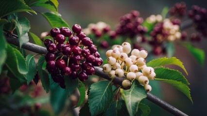 Canvas Print - A bunch of berries are on a branch with leaves, AI