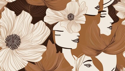 Brush strokes ink wash flowers and female faces neutral seamless pattern. Abstract monochrome floral modern fashion background. Minimalist botanical wallpaper