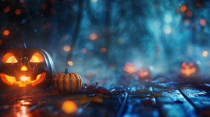 Halloween Scene, scary Halloween pumpkin with fog on floor, Jack O’ Lantern On Table In Spooky Night, banner, header 