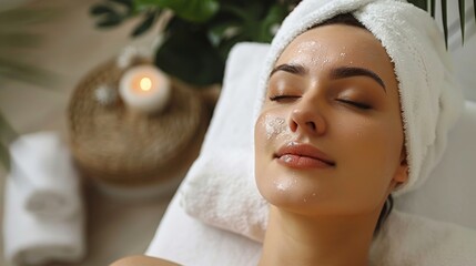 Wall Mural - A woman lies on a white towel with a facial mask, her eyes closed in relaxation.