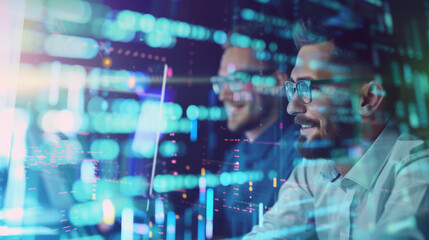 two men are looking at a computer screen with a lot of numbers and lines