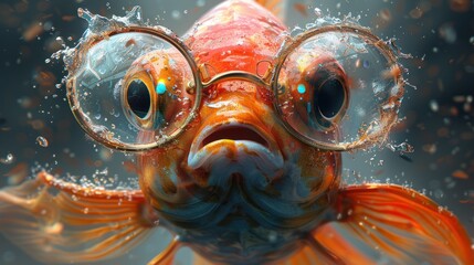 Goldfish wearing round glasses with water droplets