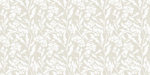 seamless french gender neutral floral linen printed fabric border background. light mottled white on