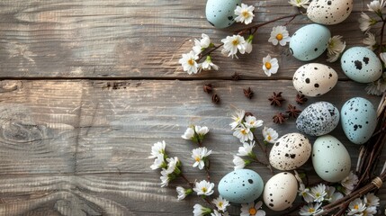 Sticker - Easter arrangement with quail eggs bunny decoration on wood surface Festive theme with room for text